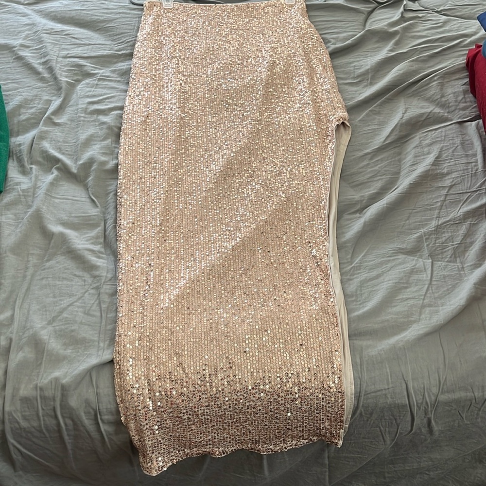 Two piece long skirt and top in gold